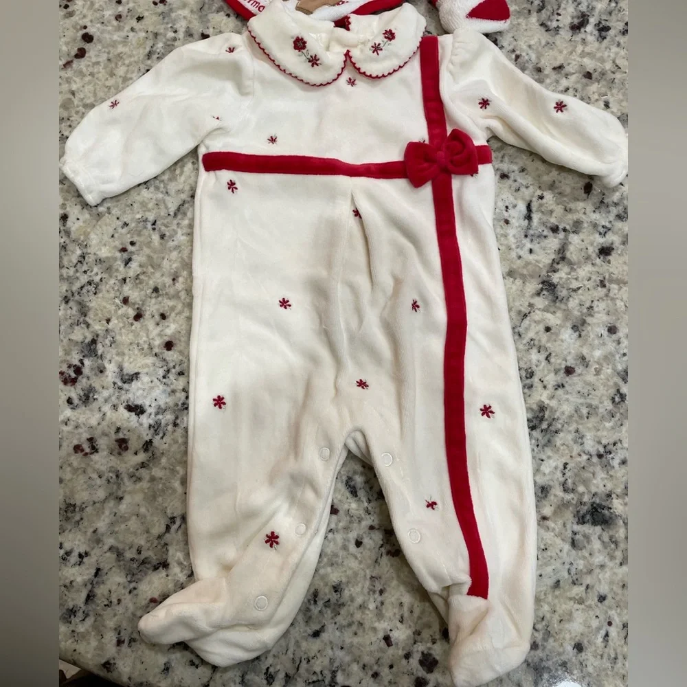 3 PC 1st Moments Charming White & Red Kids One Piece w Matching Bib & Socks 0-3M
